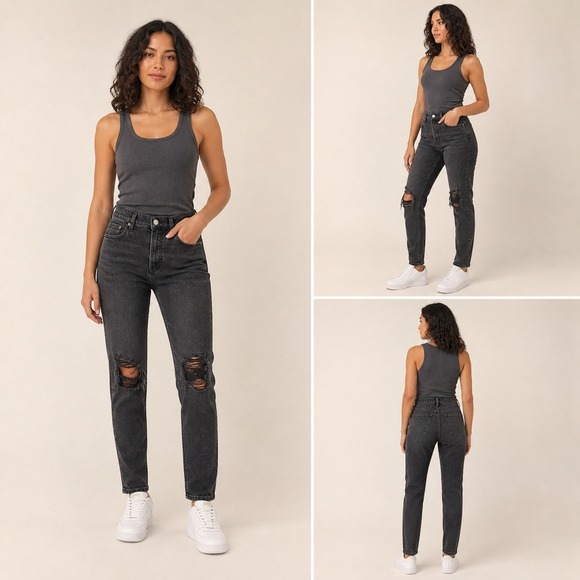 Agolde Denim - AGOLDE Nico High Rise Slim Jeans Cassette 25 Black Distressed Ripped Knee
